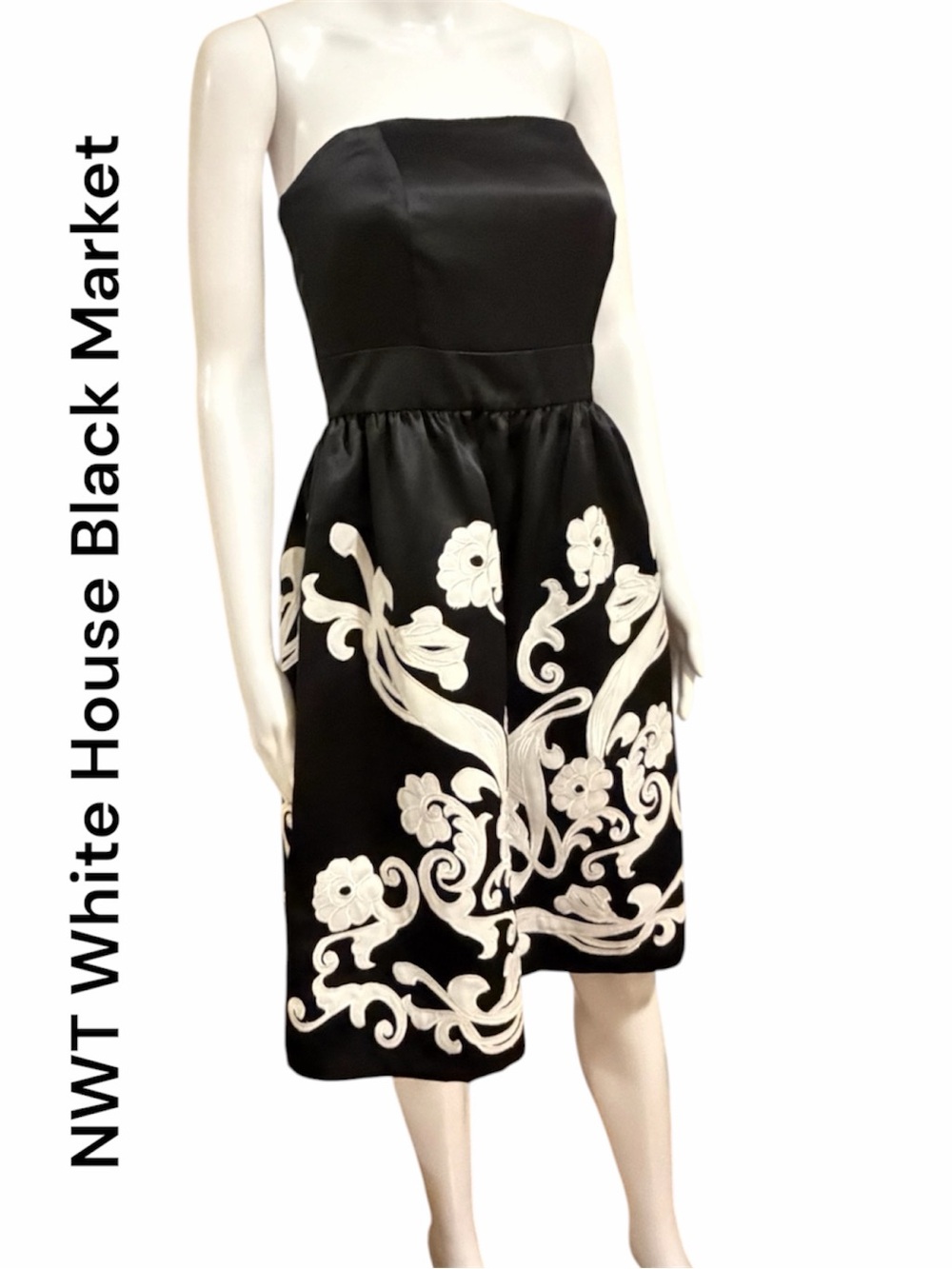 White House Black Market Strapless Satin Floral Applique Cocktail Dress 8 NWT